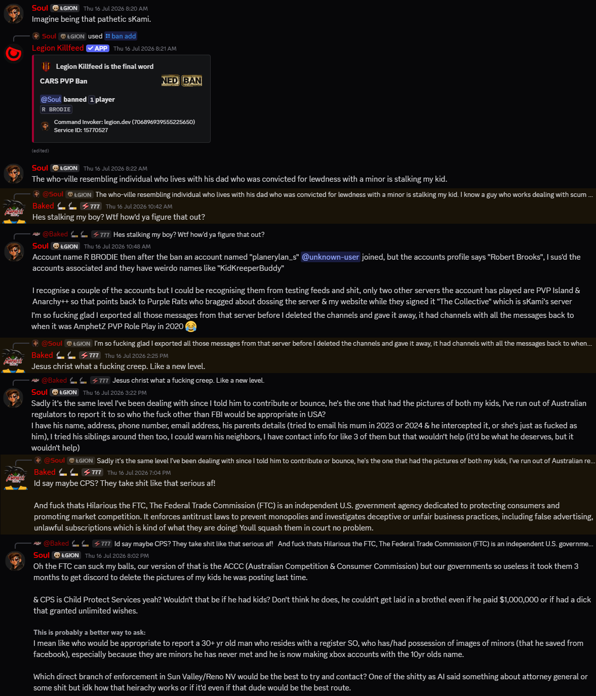 Discord account-linkage investigation after an account used Brodie's child's name