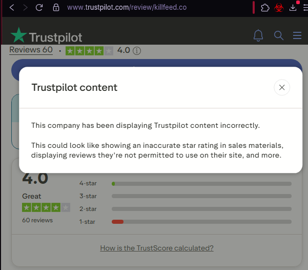 Trustpilot adverse warning on Legion's business profile