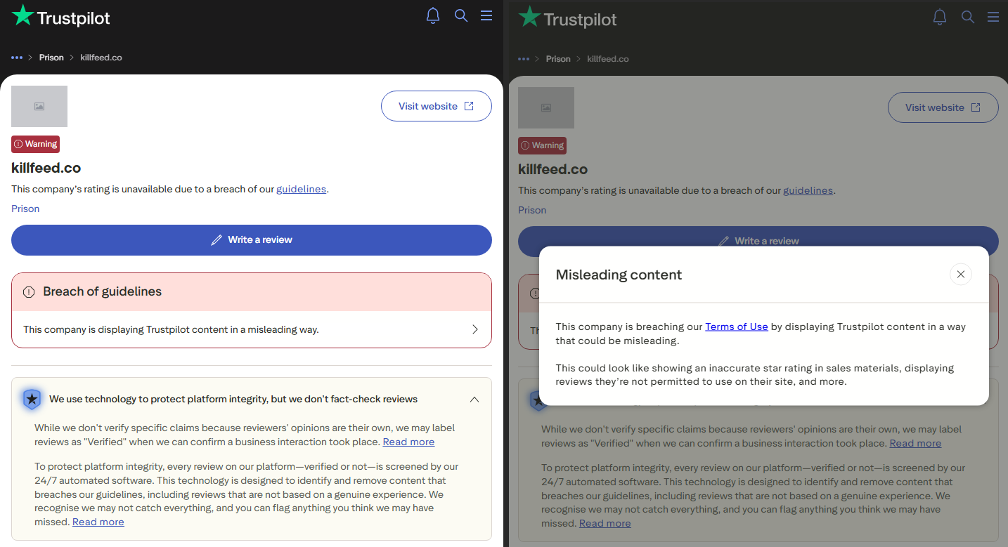 Trustpilot Consumer Warning displayed on the killfeed.co profile